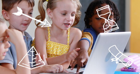 Poster - Image of school icons over diverse schoolchildren in classroom