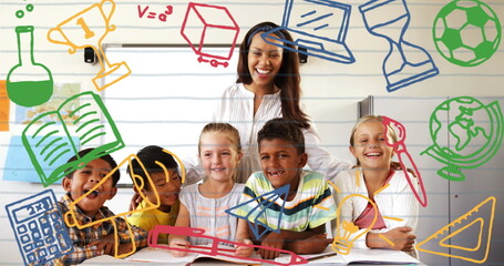 Poster - Image of school icons over diverse schoolchildren and teacher in classroom