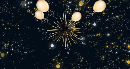 Wall Mural - Image of balloons and fireworks over black background with dots