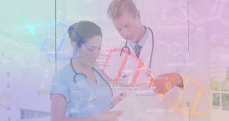 Poster - Image of data processing and dna strand spinning over diverse doctors