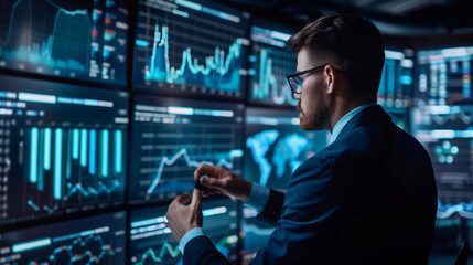 Poster - businessman working with business sales growth data statistics on virtual screen, futuristic digital
