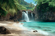 Waterfall near tropical beach among rocks and jungle.