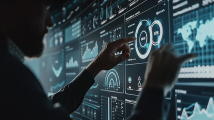Poster - businessman working with business sales growth data statistics on virtual screen, futuristic digital technology, business analysis 