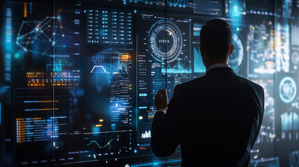 Poster - businessman working with business sales growth data statistics on virtual screen, futuristic digital