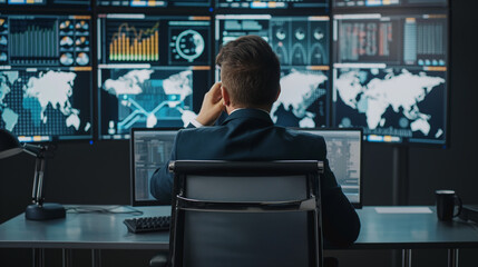 Poster - businessman working with business sales growth data statistics on virtual screen, futuristic digital technology, business analysis 