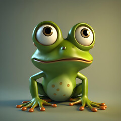 A 3D animated cartoon render of a smiling cartoon Cute Cartoon Frog Character 3D Rendered a white background