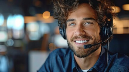 professional male customer support agent with headset assisting client during online call at call ce