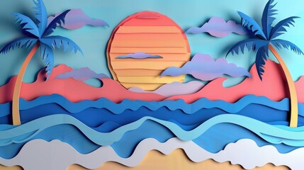 Poster - sunset of beach beautiful view for summer background paper cut style 