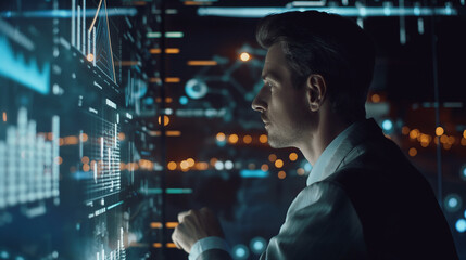Poster - businessman working with business sales growth data statistics on virtual screen, futuristic digital