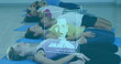 Image of profile icons over group of diverse fit people performing stretching exercise at gym