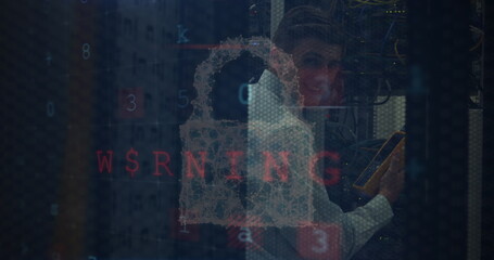 Poster - Image of data processing over caucasian server room worker