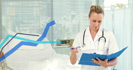 Wall Mural - Image of financial data processing over female caucasian doctor