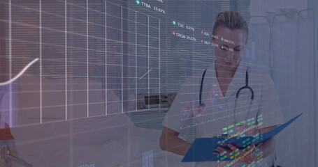 Poster - Image of financial data processing over female caucasian doctor