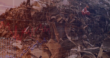 Poster - Image of financial data processing over junkyard