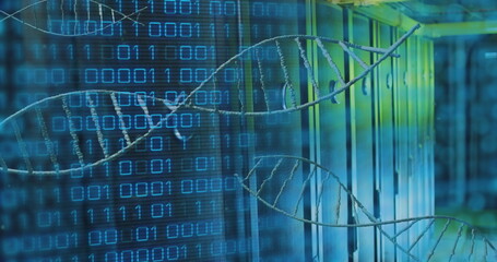 Poster - multiple dna structure spinning and binary coding data processing against computer server room