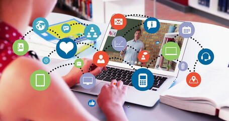Poster - network of digital icons against mid section of businessman paint brush and woman at office