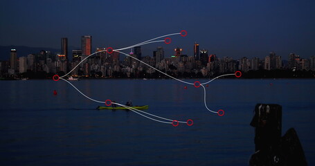 Poster - network of connections against view of sea and cityscape