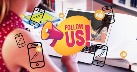 Poster - Image of follow us over hands of caucasian girl having online lessons