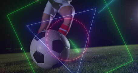 Poster - Image of neon shapes and light trails against caucasian male soccer player kicking the ball