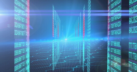 Poster - Digital image of screens with binary coding and blue light trails against blue background