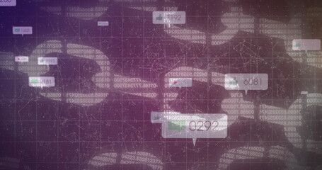 Poster - Digital image of neon shapes and speech bubbles against security chain icon on purple background