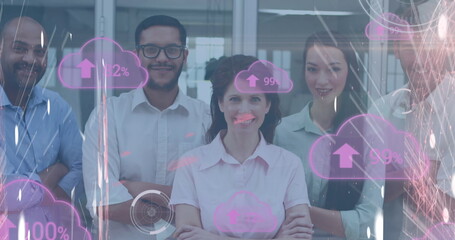 Poster - Image of cloud with uploading over happy diverse businesspeople looking at camera