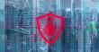 Image of neon security icon with network connecting dots, coding against cityscape