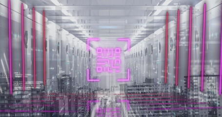 Poster - Image of qr code with data processing on digital interface against server room