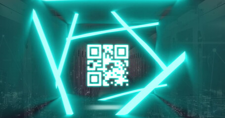 Poster - Image of blue neon lines with qr code, data processing against server room