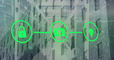 Wall Mural - Image of green open lock, camera, light bulb icons on digital interface against buildings