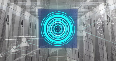 Poster - Image of hud, graph, 6g icon with data processing on digital interface against server room
