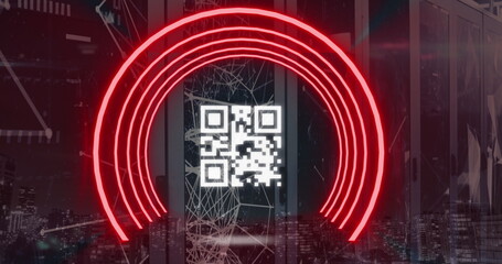 Poster - Image of red semi circles with qr code, network connection against cityscape