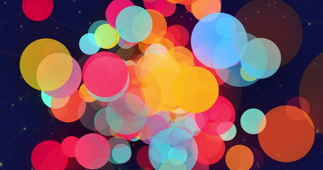 Poster - Image of colorful spots of light over network of connections against blue background