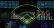 Image of neon stadium over data processing on black background