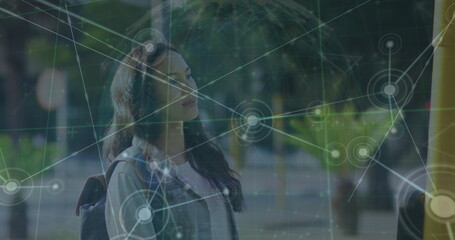 Poster - Image of network of connections with globe over biracial woman stopping bus in city
