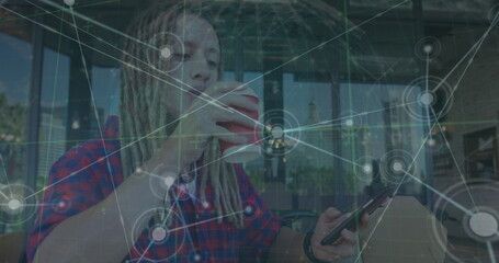 Poster - Image of network of connections with globe and data over caucasian man using smartphone