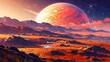 Alien planet landscape anime illustration, large moon rising over hills and mountains, uninhabited planet 