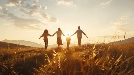 Poster - A family of four is running through a field of tall grass