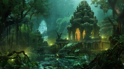 Sticker - a serene jungle with glowing plants and hindu temple, fantasy