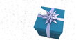 Blue gift, purple ribbon, on star-patterned white background