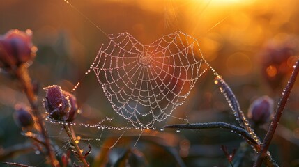 A spiderweb in the shape of a heart with a blurred background. 