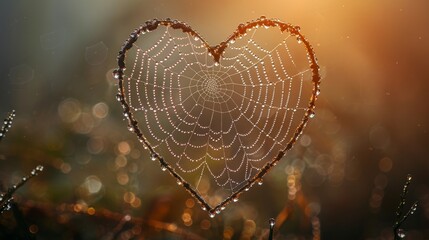 A spiderweb in the shape of a heart with a blurred background. 