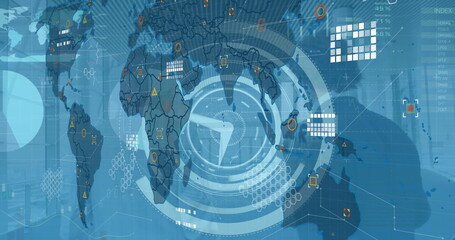 Poster - Image of digital interface and data processing over world map on blue background