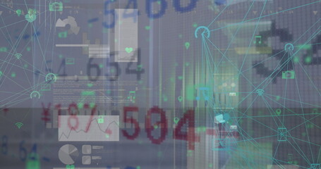 Poster - Image of connected icons with moving stock market data over infographic interface