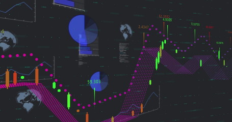 Poster - Image of multiple graphs, globes and numbers against black background