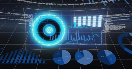 Poster - Image of graphs and data processing on screens in digital space