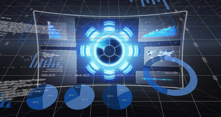 Poster - Image of graphs and data processing on screens in digital space