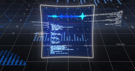 Poster - Image of graphs and data processing on screens in digital space