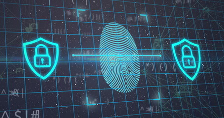 Poster - Image of fingerprint, padlock in shield over dots forming globe shapes against galaxy