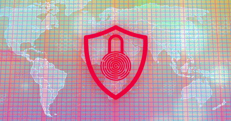 Poster - Image of illuminated padlock in shield over grid pattern against map in background